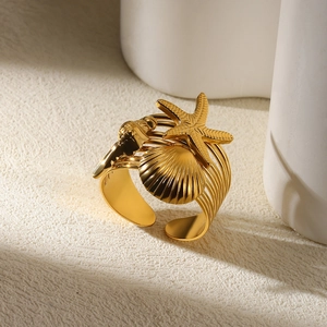Detailed view of adjustable gold ring featuring starfish and seashell marine elements