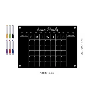 Detailed view of black magnetic acrylic weekly calendar board with 6 color markers and dimensions
