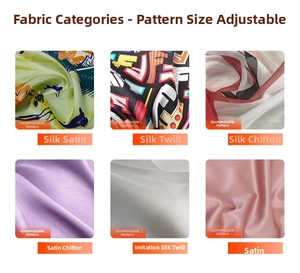 Detail showing six premium fabric textures including silk and chiffon for custom scarves