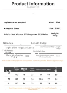 Size chart for V-neck knit long dress with material details and measurements for S M L