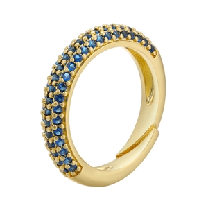 Detail of gold-plated pavé ring featuring three rows of micro-set blue zircon stones