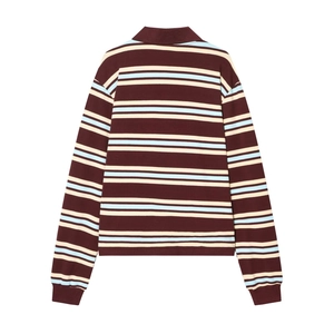 Fashionable patchwork long sleeve polo shirt with burgundy and blue stripes flat lay