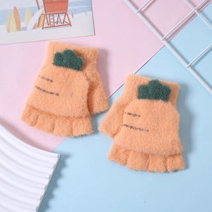Detail of orange carrot-themed knit gloves with convertible flip-top fingerless design