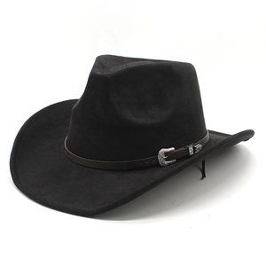 Cappello da cowboy western nero con fascia in pelle marrone e fibbia in argento sbalzato