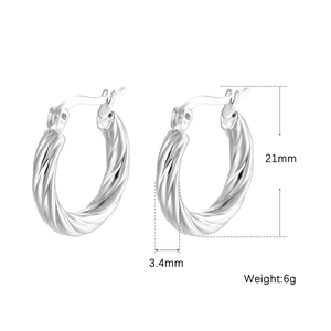 Silver twisted hoop earrings made of stainless steel with 21mm diameter dimensions