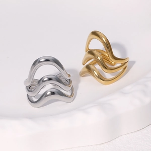 Triple Layer Wave Open Ring Stainless Steel 18K Gold Plated Adjustable Minimalist Jewelry For Women