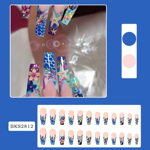Detail of 24pcs long coffin press-on nails with blue ocean starfish and wave designs
