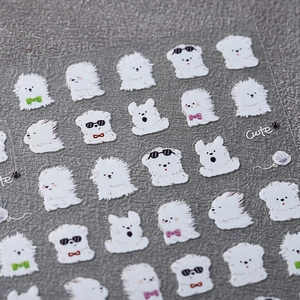 5D cartoon white puppy nail art stickers with cute dog patterns on transparent film