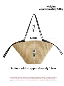 Detailed view of woven straw tote bag with size dimensions and large capacity