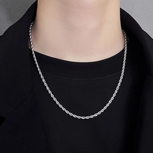 Men's silver titanium steel twist chain necklace with minimalist rope design for fashion