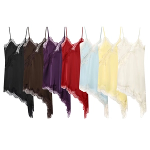 Robe Fond De Robe Satin Dentelle Femme Ourlet Asymétrique Col V Sans Manches Bretelles Spaghetti Mini Robe