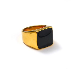 Minimalist 18k gold plated stainless steel ring with square black drip glue geometric design
