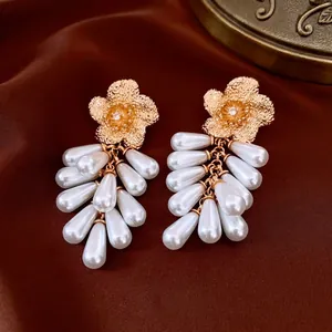 Vintage floral tassel earrings with silver needles, zircon petals and white pearls