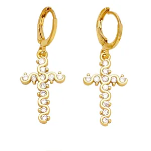 Golden cross leverback earrings with zircon stones and scroll engraving detail
