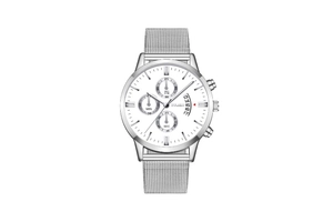 Detailed view of silver mesh strap and white chronograph dial with three sub-dials