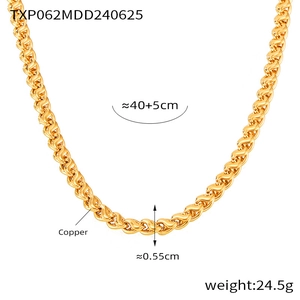 Macro detail of chic twisted rope chain necklace in gold finish made of high quality copper