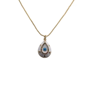 Gold evil eye necklace with teardrop pendant and colorful zircons on white background