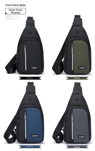 Detailed view of men's business chest bags in black, green, blue and grey colors