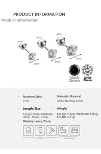 Detailed size and material chart for S925 sterling silver four-claw zircon earrings
