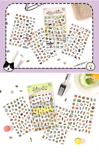 Detail view of 4-sheet cartoon animal and food stickers for DIY scrapbooking decor