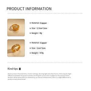 Detailed views of gold flower and hammered copper rings with material specifications