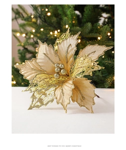 Close-up of a 24cm golden artificial Christmas flower with glitter mesh and bead stamen