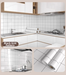 Detail of self-adhesive black grid kitchen wallpaper roll and its modern backsplash application
