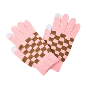 Pink and brown checkerboard knit touchscreen gloves with warm ribbed cuffs for outdoor use