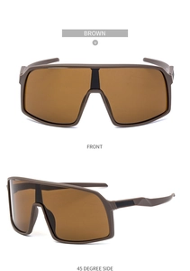 Front and 45-degree side views of brown sporty oversized cycling sunglasses with tinted lenses