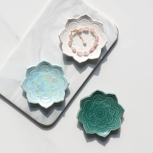 Nordic mandala ceramic jewelry tray in lotus shape for ring and bracelet display