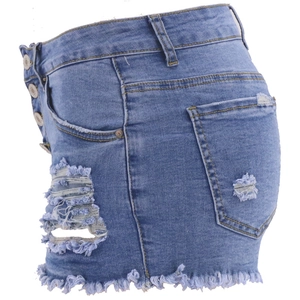 Short en jean taille haute bleu clair pour femme avec détails déchirés et quatre boutons