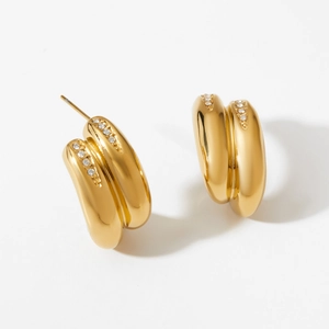 Minimalist double-row zircon gold chunky hoop earrings in 316 stainless steel for women