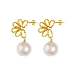 Elegant gold flower petal earrings with white pearls for women on white background