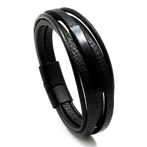 Multi-layer black braided leather bracelet for men with magnetic metal clasp and sleek bar