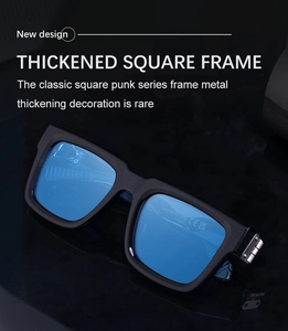 Macro detail of thickened square sunglasses frame with blue coated lenses and CE marking