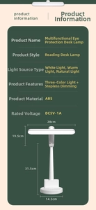 Detailed specs of foldable white LED desk lamp showing dimensions and light modes