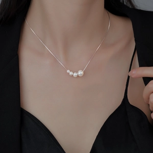 Gradient Artificial Pearl Pendant Necklace Copper Box Chain Minimalist Simple Style Elegant Jewelry For Women Fashion Daily Accessories
