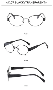 Three-way view of oval black frame glasses showing front and side profile details