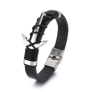 Men's multilayer leather anchor bracelet with magnetic stainless steel clasp in silver and black