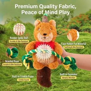 Christmas squirrel plush dog toy with rubber ball, cotton rope, and squeaker for chewing