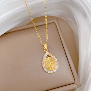 Luxurious gold-plated titanium necklace with Virgin Mary water drop zircon pendant