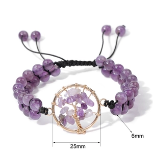 Detail of 6mm amethyst beads and 25mm wire-wrapped tree of life charm on adjustable bracelet