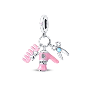 Detailed charm showing a pink comb, blow dryer, and silver scissors for DIY jewelry
