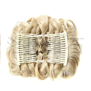 Golden wavy synthetic hair bun with a large white comb clip for secure hair styling