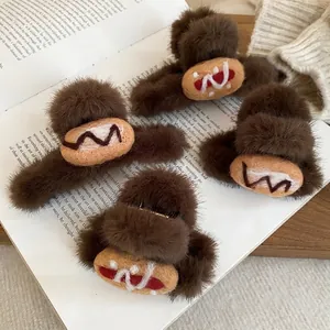Fluffy Plush Hair Claw Clip Creative Bread Hotdog Shape Faux Fur Shark Clip Cute Winter Hair Accessory For Women