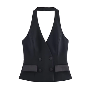 Damen Halterneck Weste Polyester Zweireiher Schmale Passform Rückenfrei Weste Top Mode Einfarbig Schwarz Bürokleidung