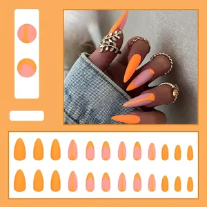Matte orange and pink geometric almond false nails set of 24 pieces for women