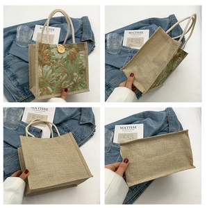 Four views of a beige linen lunch bag with floral print and wooden button closure