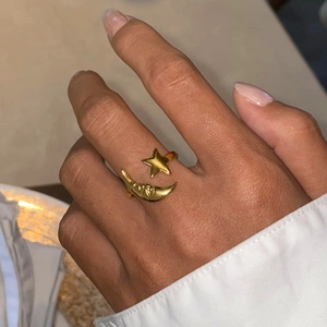 Minimalist 18k gold-plated stainless steel star and moon open ring on model hand