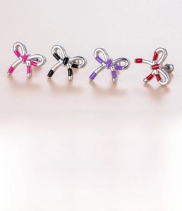 Detailed specs of titanium steel bowknot screw earrings in four vibrant colors